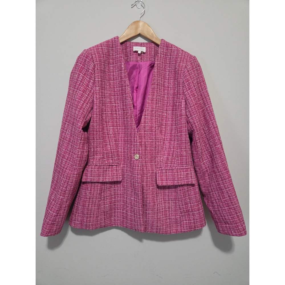 Entro Pink Tweed Collarless Blazer Gold Button Jacket J18991 Womens Small